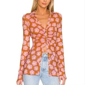 Free People Lucky Retro Floral Print Semi Sheer Ruched Shirt
